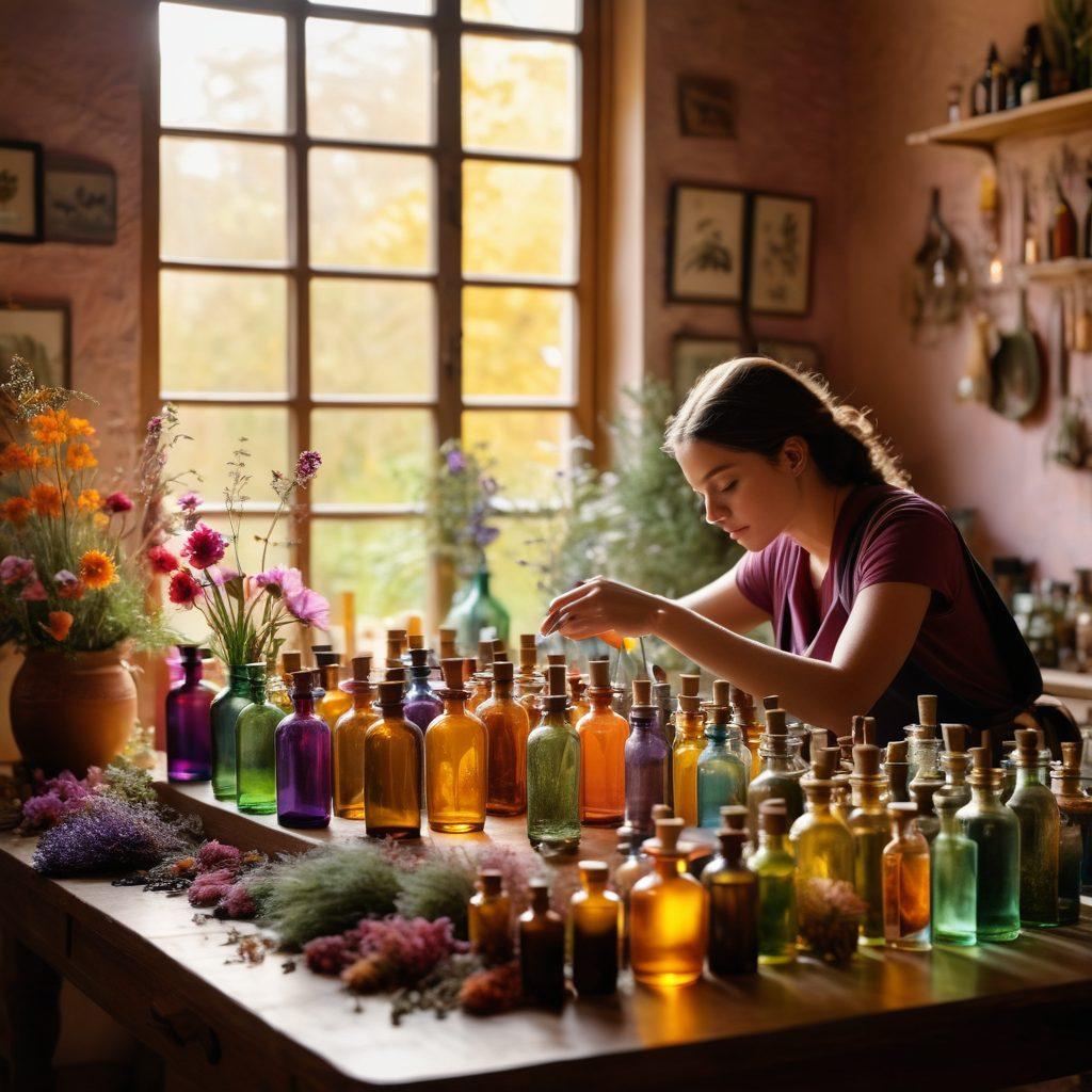 A serene workshop filled with colorful glass bottles of various shapes and sizes, overflowing with essential oils and herbs. In the foreground, a skilled artisan is carefully blending fragrant ingredients with a delicate dropper under warm, golden light. Surrounding the workspace are vibrant flowers and dried botanicals, creating an inviting and creative atmosphere. The air is filled with swirling aromatic smoke, suggesting a magical artistry in fragrance crafting. soft-focus background. vibrant colors. cozy ambiance. intricate details.