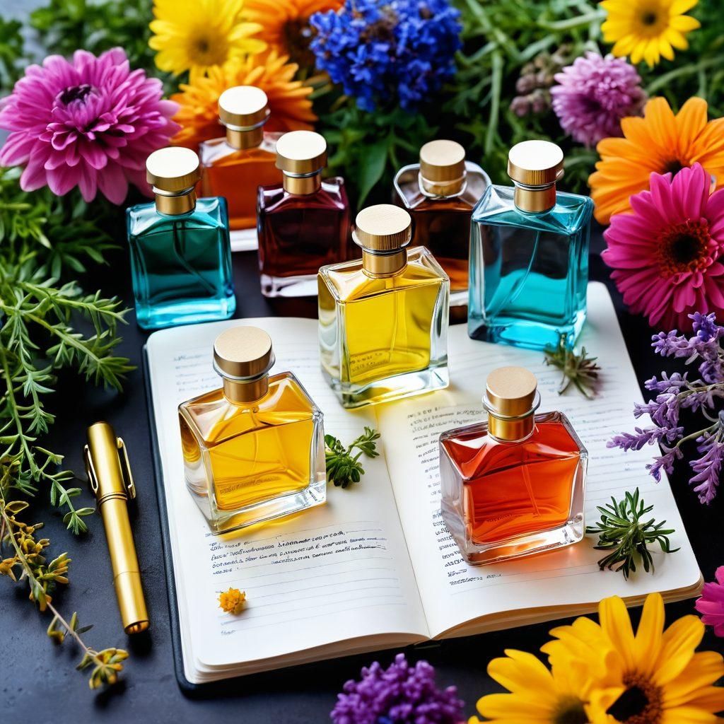 A lush and vibrant fragrance landscape, showcasing an array of colorful perfume bottles surrounded by blooming flowers and herbs, each bottle representing a unique scent. A magnifying glass highlighting the intricate details of the bottles and an open notebook with scent notes nearby, capturing the essence of exploration in the fragrance industry. soft focus. vibrant colors. painterly style.