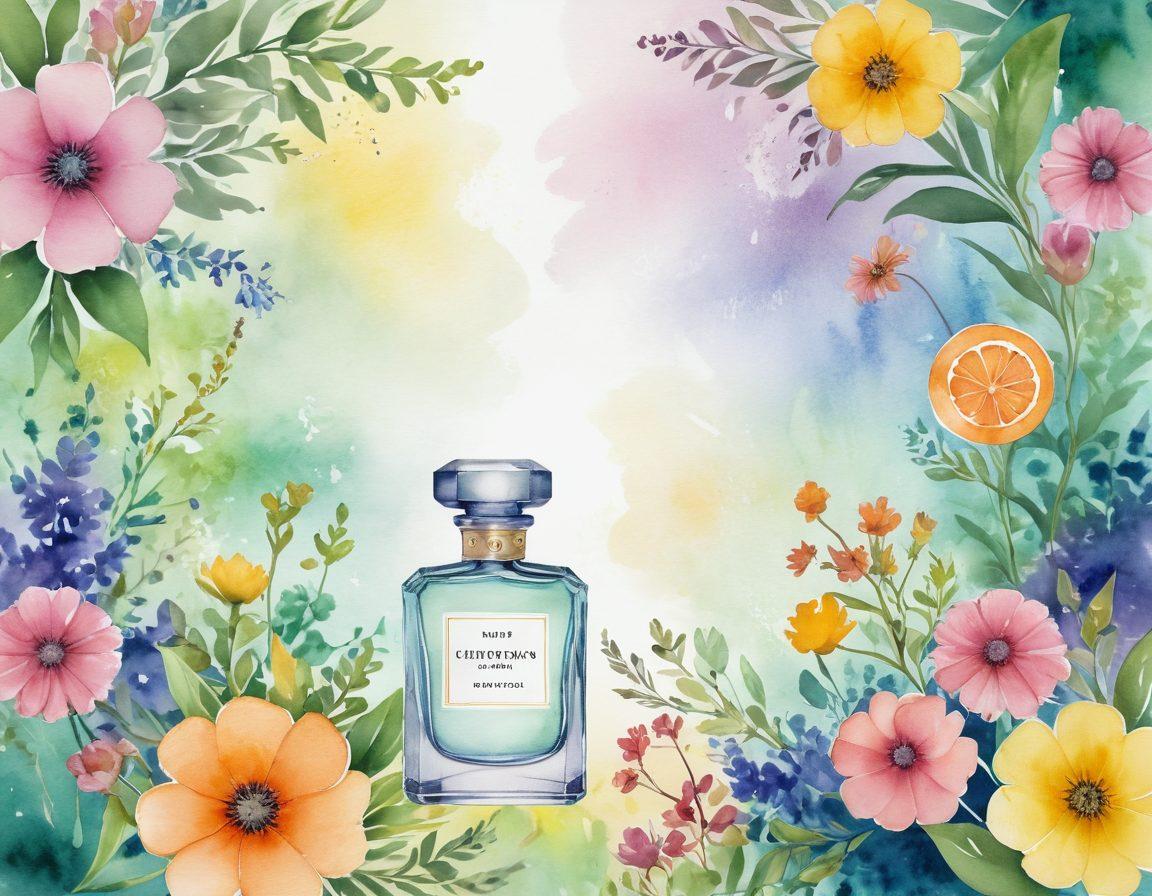 An ethereal landscape filled with vibrant flowers releasing colorful scents into the air, showcasing various perfume bottles styled like nature's treasures. In the background, a whimsical scent trail spirals upwards, revealing an abstract representation of fragrance notes like citrus, floral, and woodsy elements. Soft pastel tones dominate the scene, inviting a sense of exploration and wonder. watercolor style. vibrant colors. soft focus.